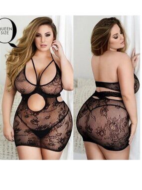 Sexy Plus Size Black Floral Fishnet Bodystocking Dress Queen Cross Back Lingerie